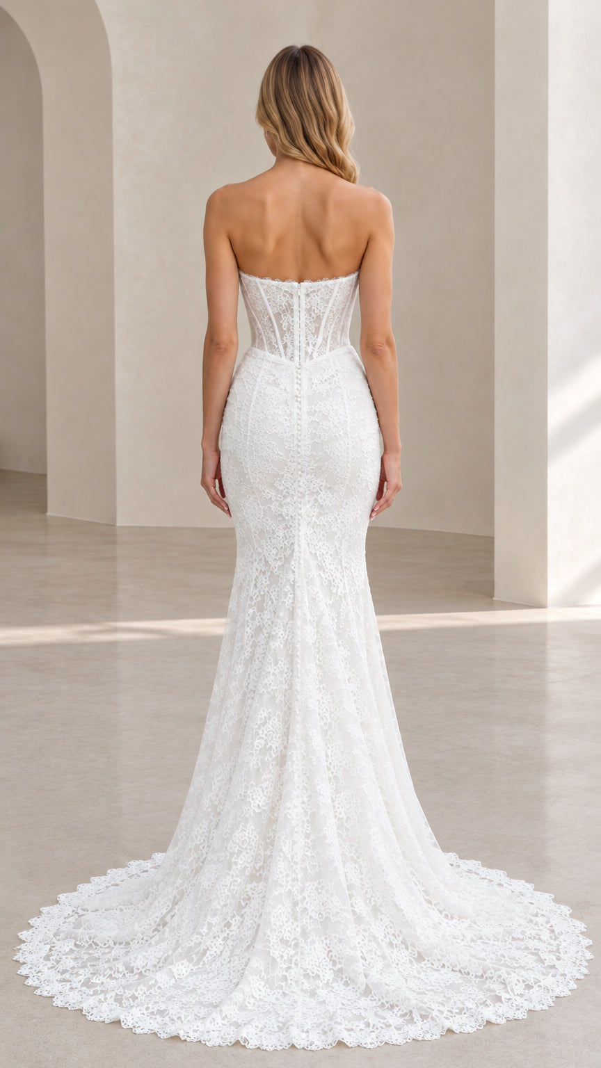 Back view of white lace mermaid bridal gown showing sheer corset back and extended train