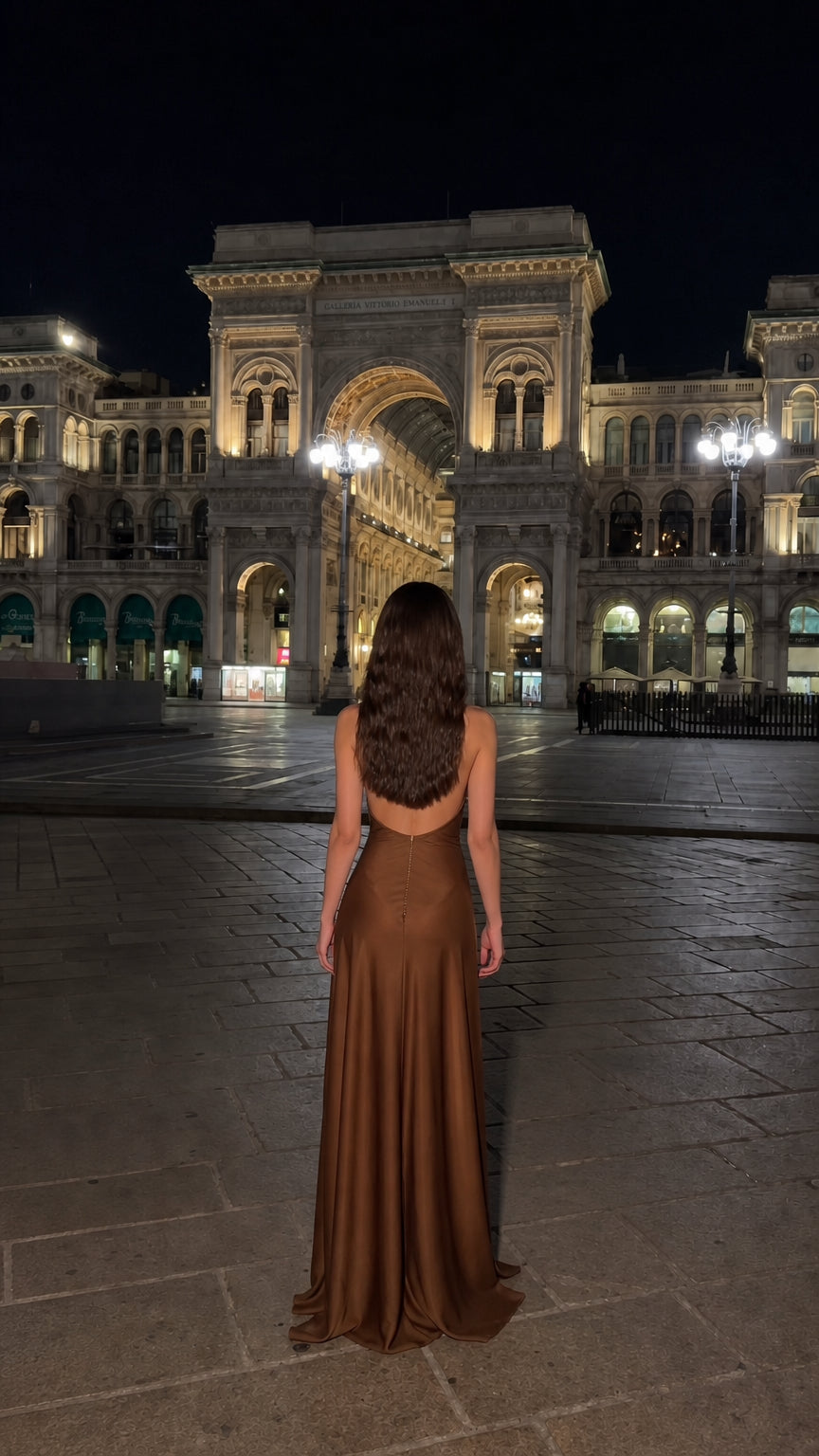 Back view of woman wearing floor-length brown satin dress showing low back design