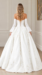 Back view of white corset ball gown highlighting lace-up bodice and full skirt
