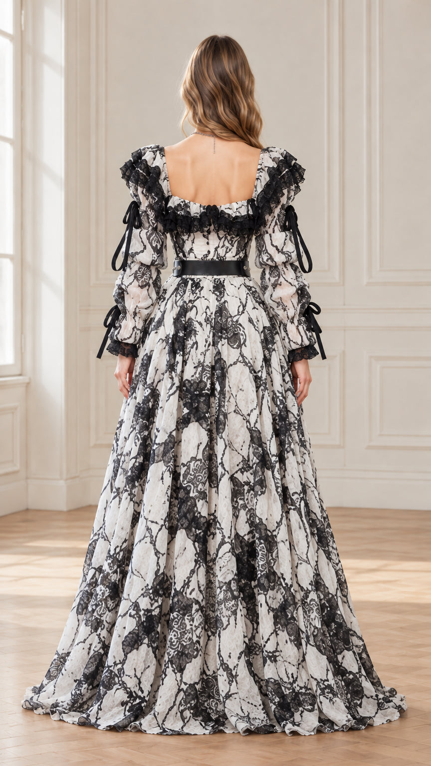 Back view of woman in white and black gothic ball gown with square neckline and ribbon-tied sleeves