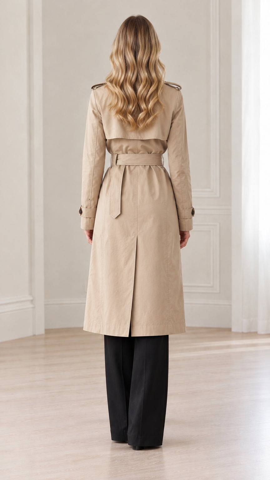 Rear view of women's beige long trench coat highlighting back storm flap and belted waist