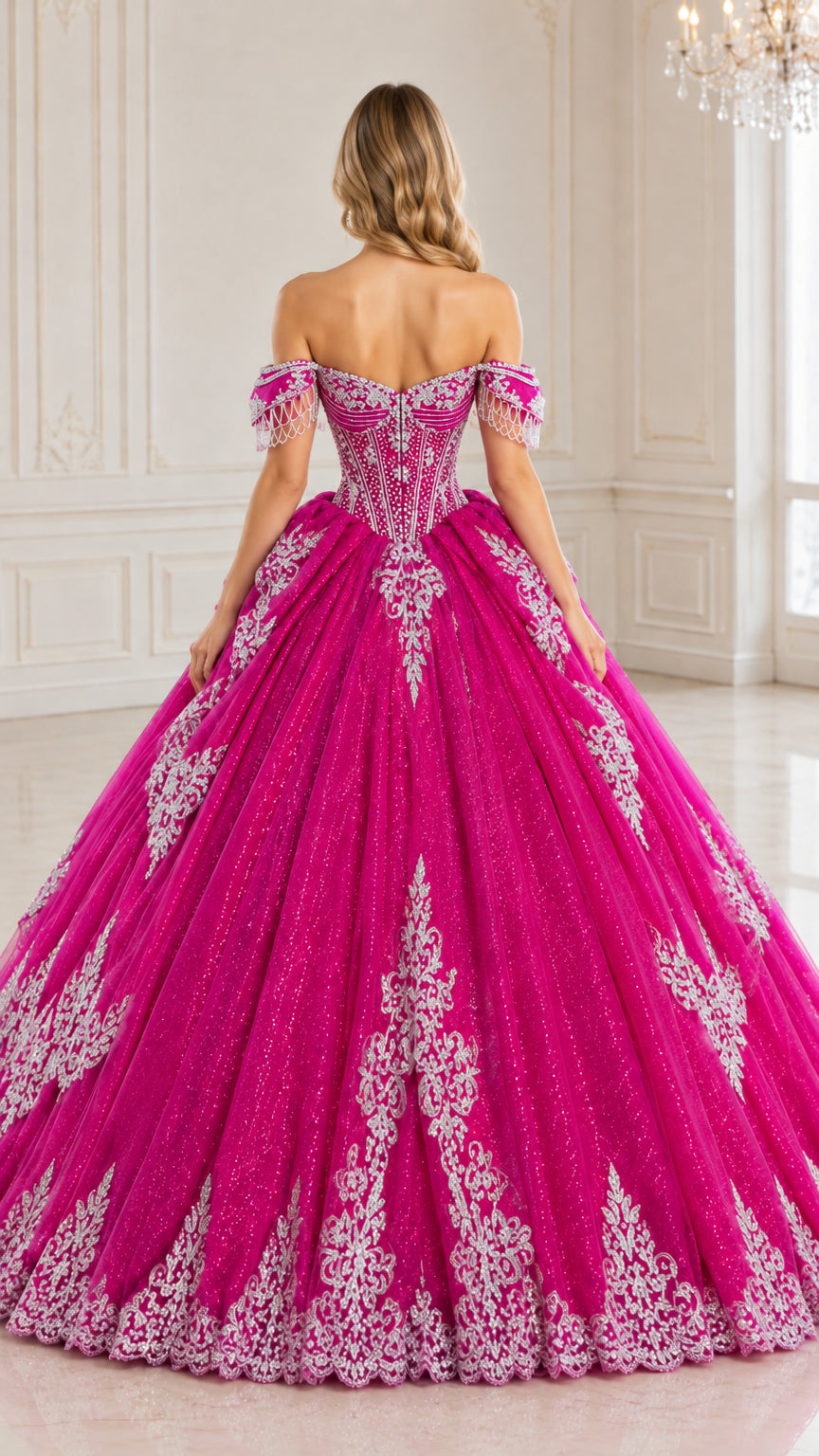 Fuchsia embellished ball gown shown from the back