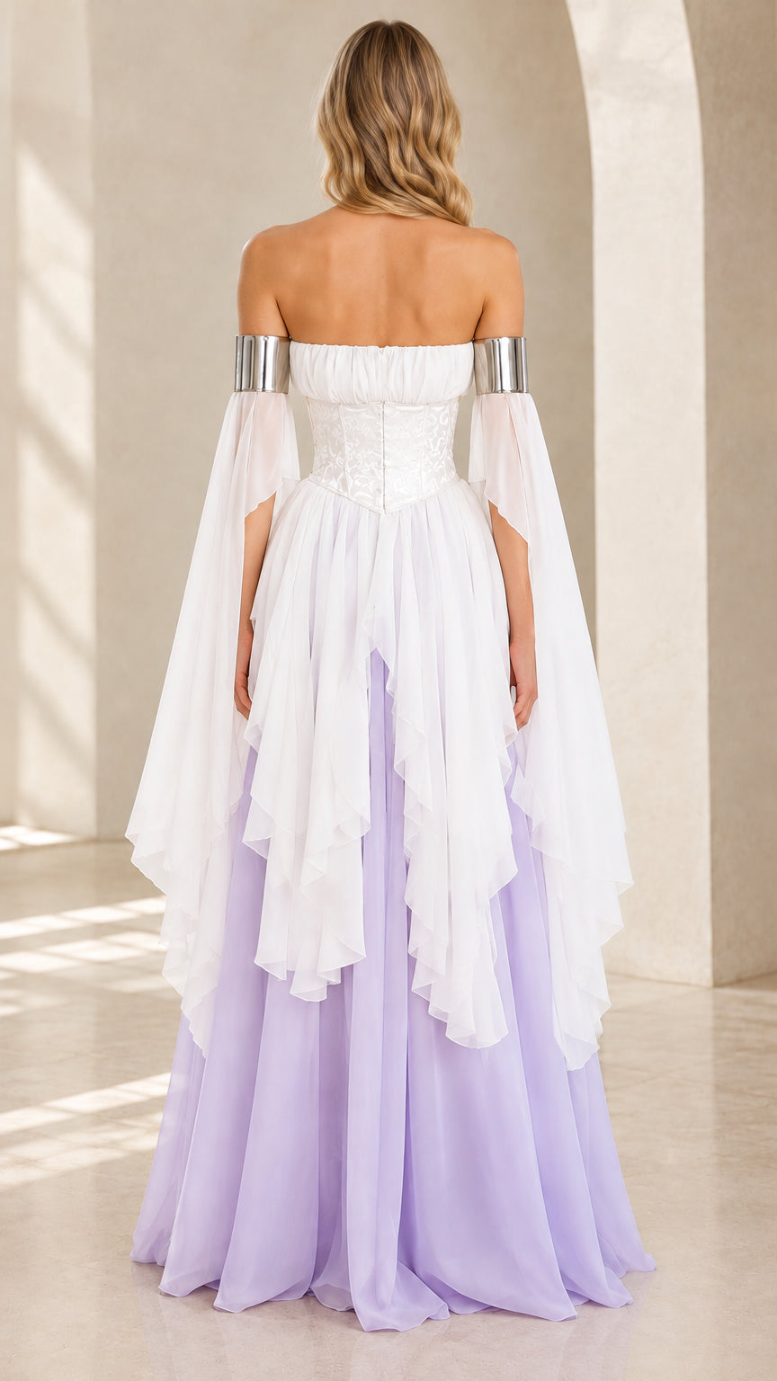 White and lavender ruffle maxi dress shown from the back