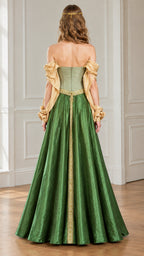Back view of woman wearing emerald green medieval fantasy gown with fitted back bodice and floor-length skirt