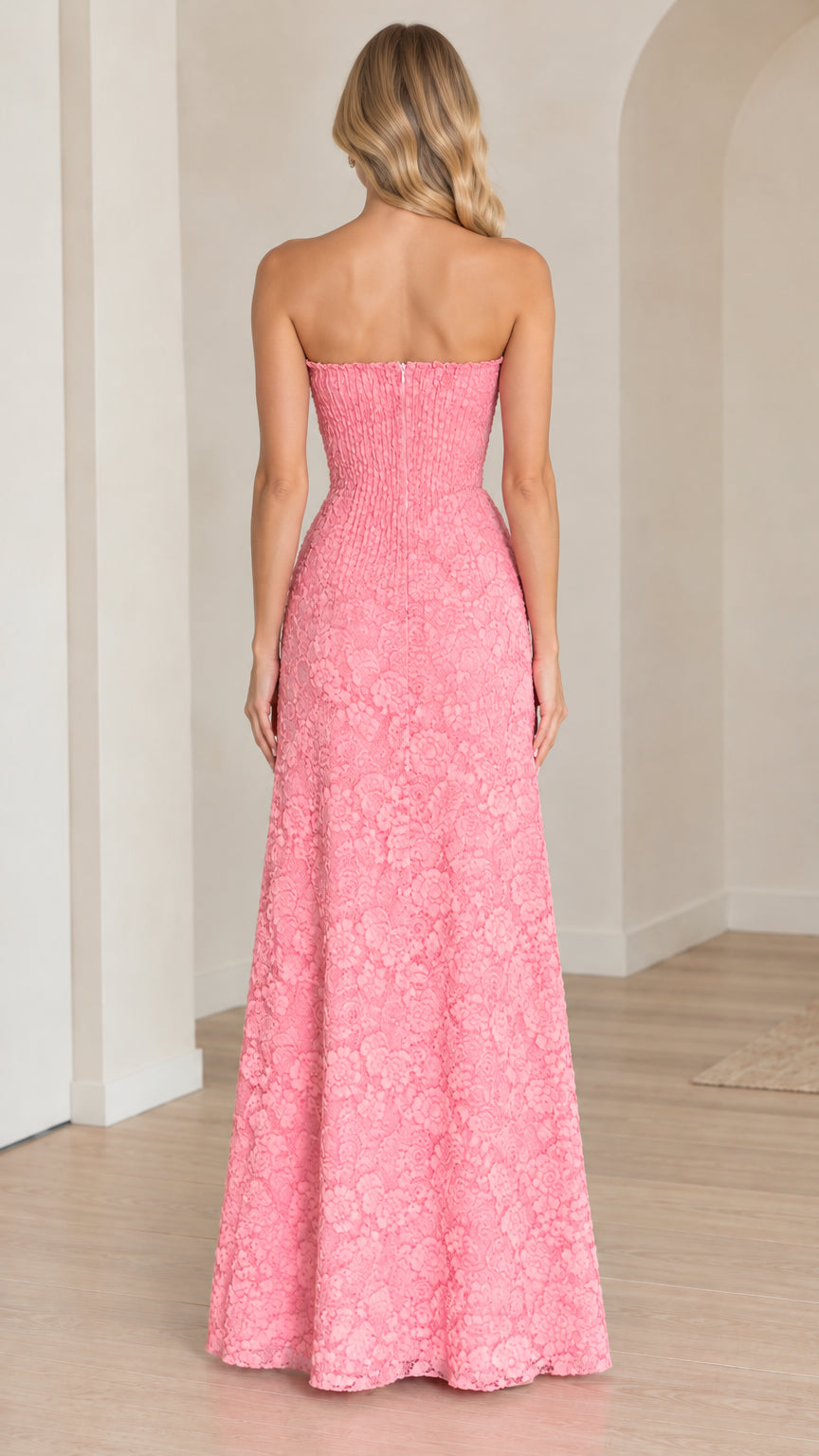 Back view of pink strapless floral maxi dress with smocked bodice