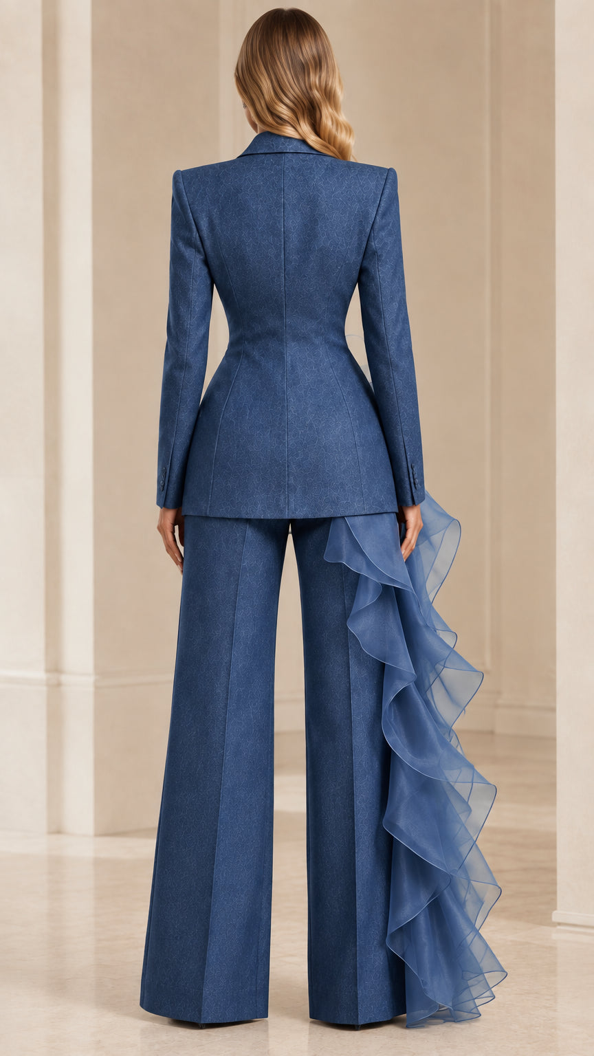 Back view of model wearing dusty blue fitted blazer and wide-leg evening pants