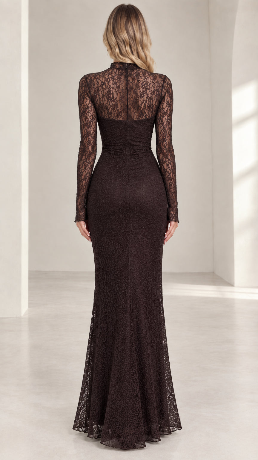 Back view of woman wearing dark brown long sleeve lace evening dress with back zip