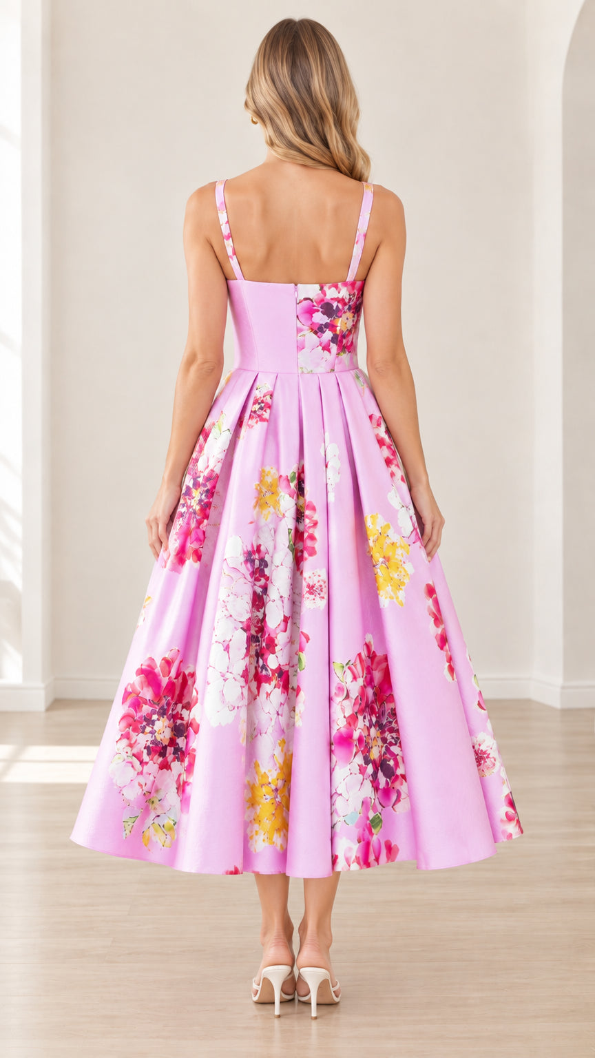 Back view of model wearing pink floral pleated midi dress with back zipper