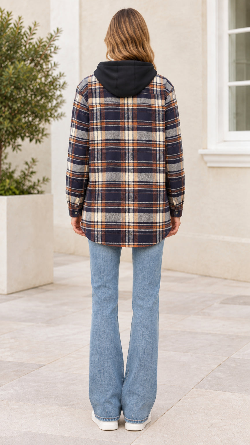 Back view of model wearing Navy checkered hooded shirt jacket