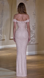 Back view of model wearing a blush pink off-the-shoulder floor-length evening dress