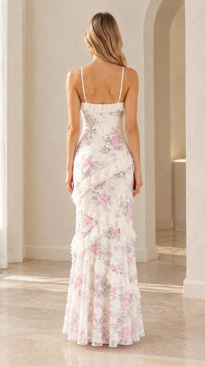 Back view of model wearing white floral lace ruffle tiered cami maxi dress