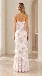 Back view of model wearing white floral lace ruffle tiered cami maxi dress