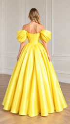Back full-length view of the yellow evening dress showing corset back and pleats