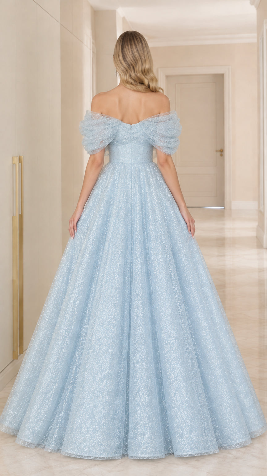 Back view of model wearing off-the-shoulder light blue glitter formal gown