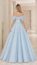 Back view of model wearing off-the-shoulder light blue glitter formal gown