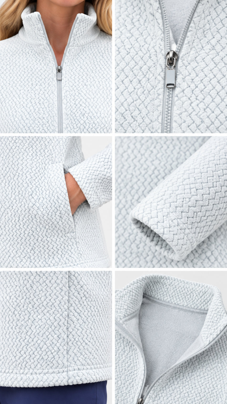 Close-up details of collar, zip fastener, side pocket, sleeve cuff, hemline, and fleece interior