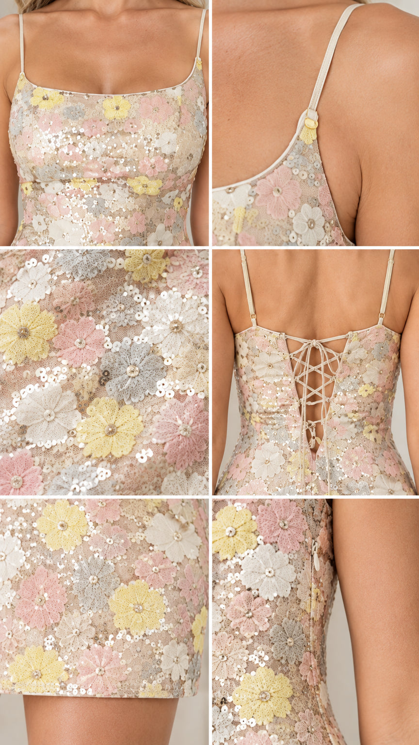 Detailed close-ups of scoop neckline, floral sequin texture, lace-up back, and hemline