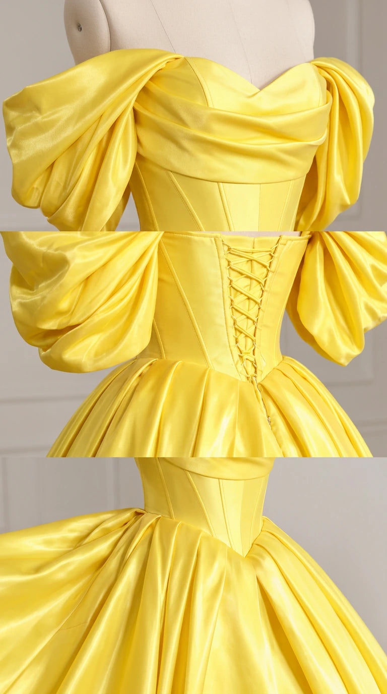 Close-up details of yellow satin ball gown showing sweetheart neckline, corset boning, and lace-up back