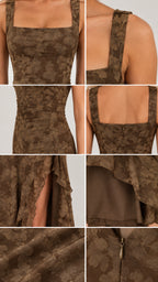 Close-up details of brown jacquard fabric, square neckline, back zip, and ruffled slit lining