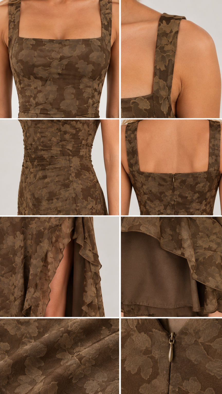 Close-up details of brown jacquard fabric, square neckline, back zip, and ruffled slit lining