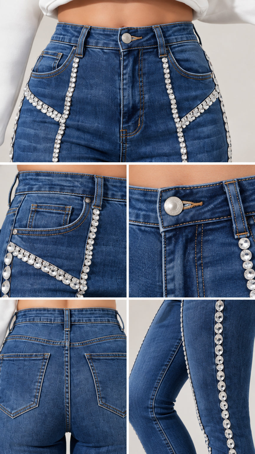 Close-up collage of pearl details on pockets, button closure, and seam lines of blue denim jeans