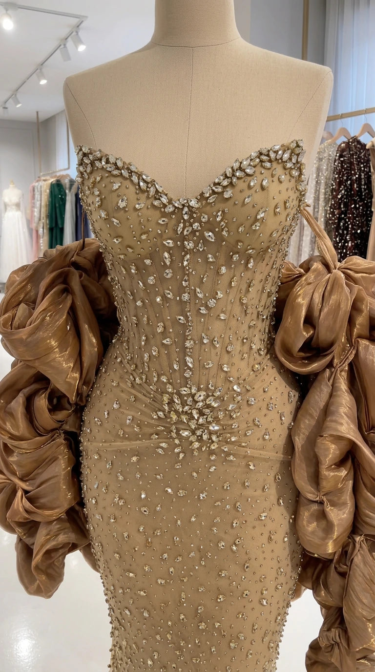 Close-up of gold sweetheart bodice on mannequin highlighting sparkling rhinestones, intricate beadwork, and ruffled sleeve detail