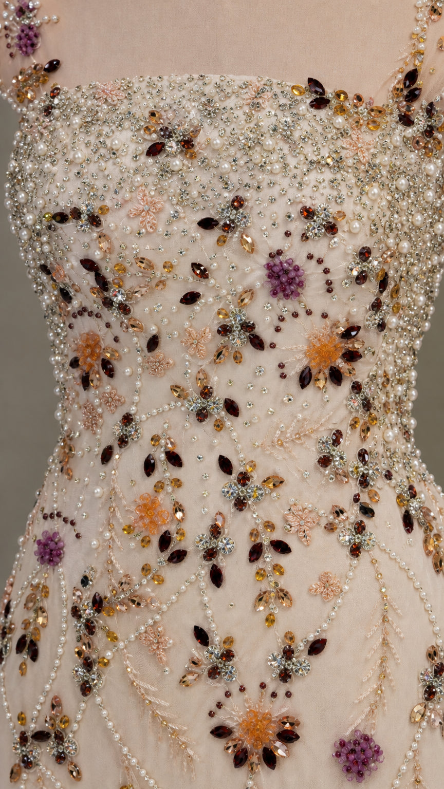 Close-up detail of floral beadwork and crystal embellishments