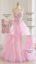 Mannequin display showing internal corsetry, hand-beaded bodice, and tiered tulle skirt construction in pink