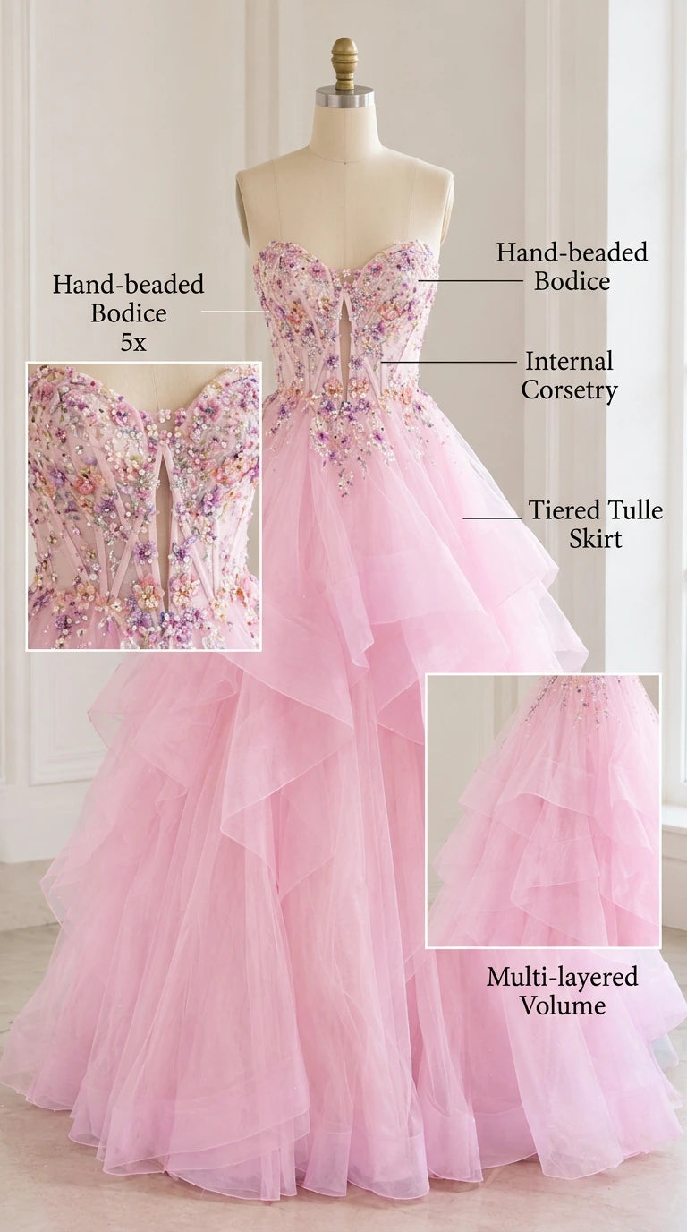 Mannequin display showing internal corsetry, hand-beaded bodice, and tiered tulle skirt construction in pink