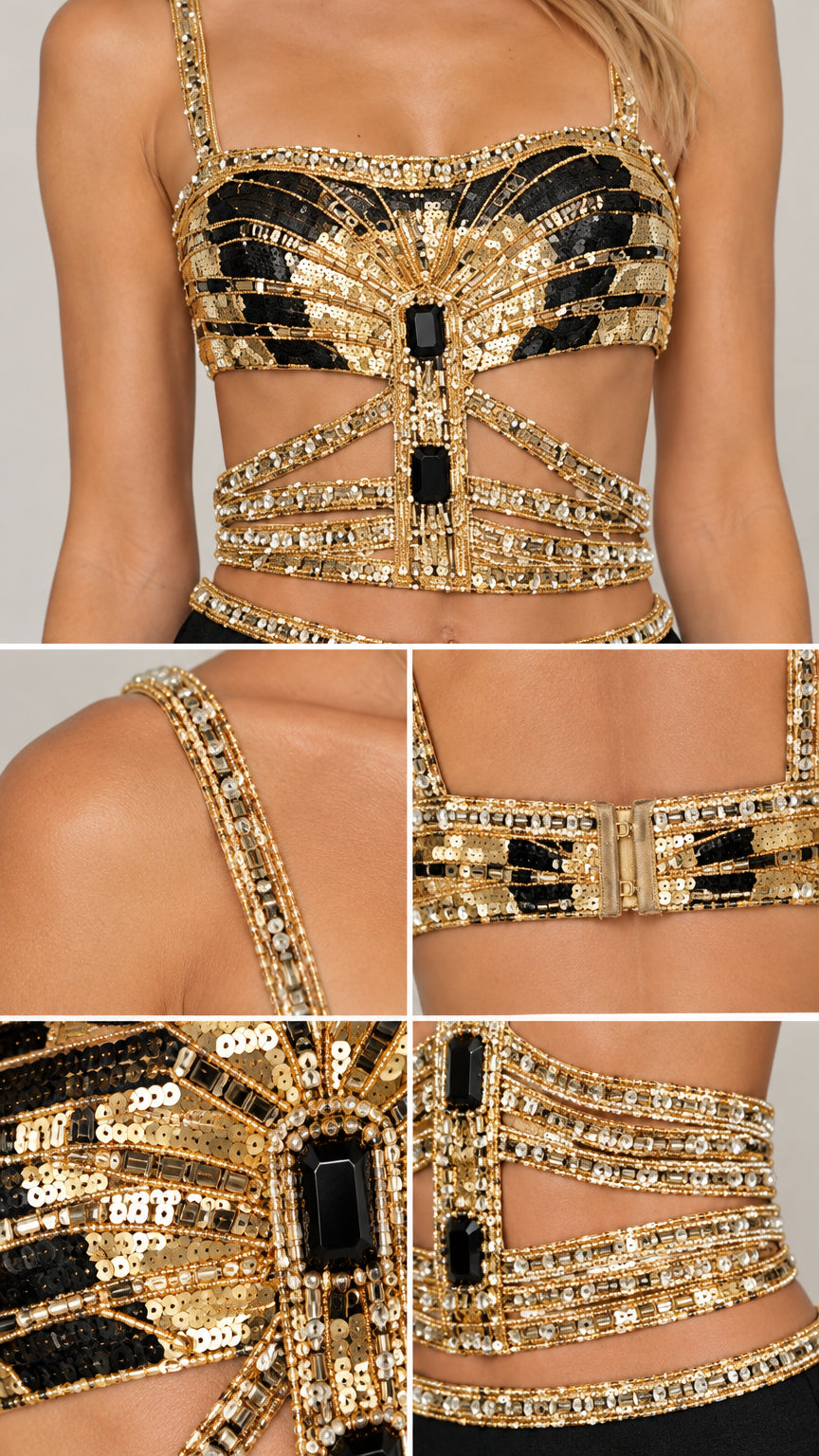 Close-up details of intricate gold sequins, black beading, straps, and back hook closures