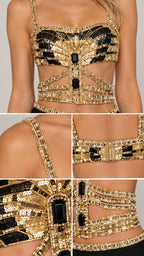 Close-up details of intricate gold sequins, black beading, straps, and back hook closures