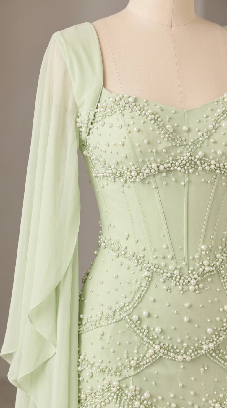Close-up detail of sage green structured bodice showing intricate faux pearl and bead embellishments