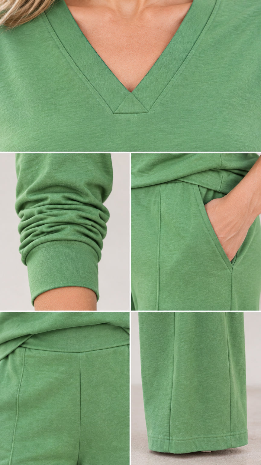 Close-up details of green V-neckline, cuffed sleeves, side pocket, waistband, and leg hem