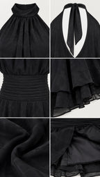 Close-up details of black halter neckline, tie back, smocked waist, and ruffle hem lining