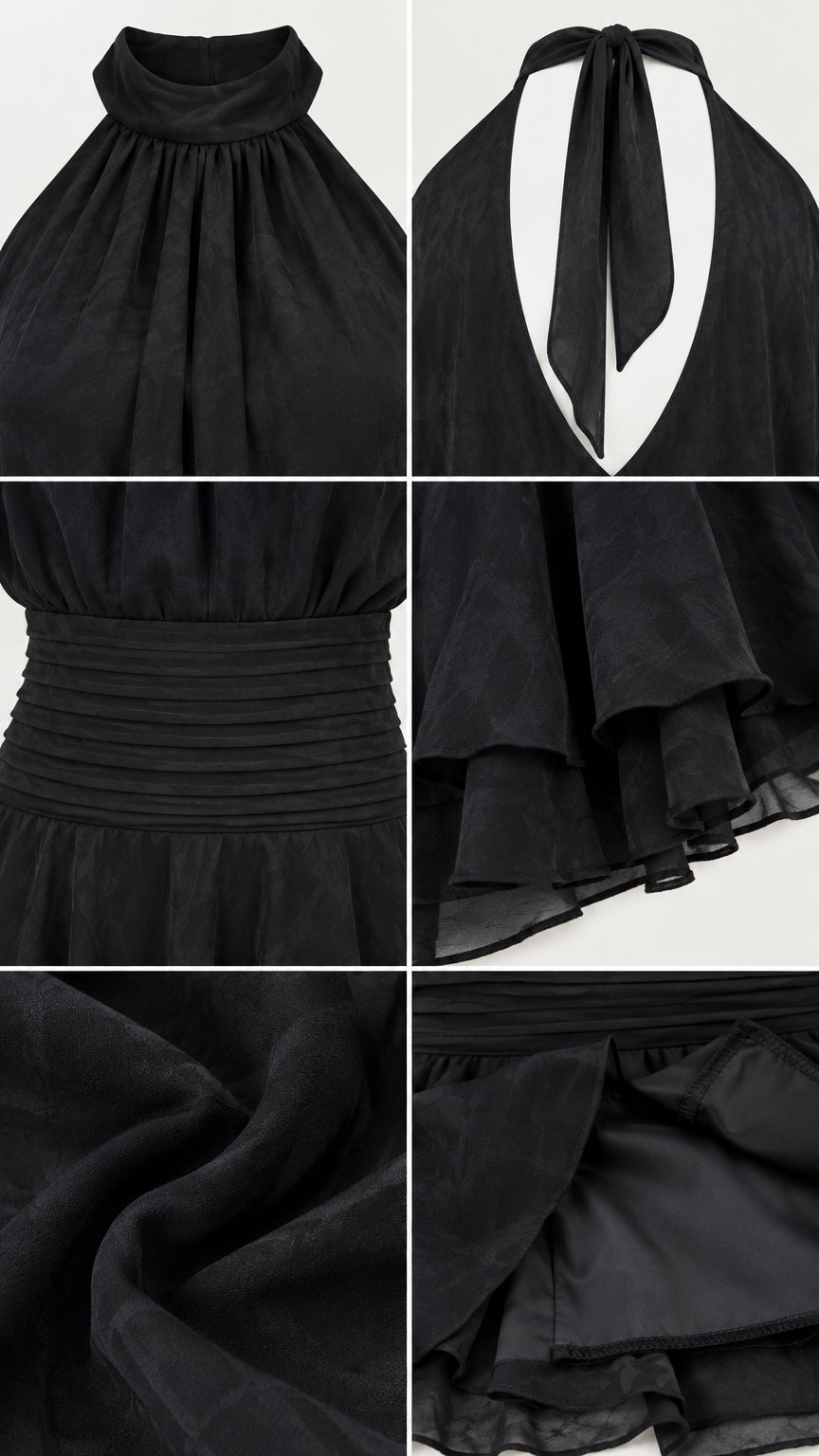 Close-up details of black halter neckline, tie back, smocked waist, and ruffle hem lining