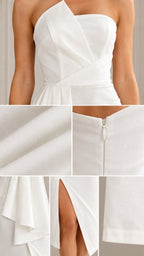 Close-up details of white dress showing folded bust, fabric texture, back zipper, and slit