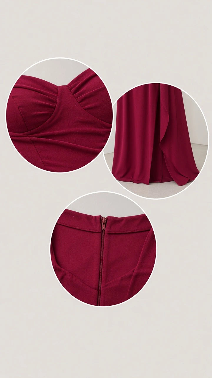 Close-up details of burgundy sweetheart neckline, hem drape, and hidden back zipper