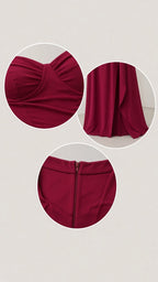 Close-up details of burgundy sweetheart neckline, hem drape, and hidden back zipper