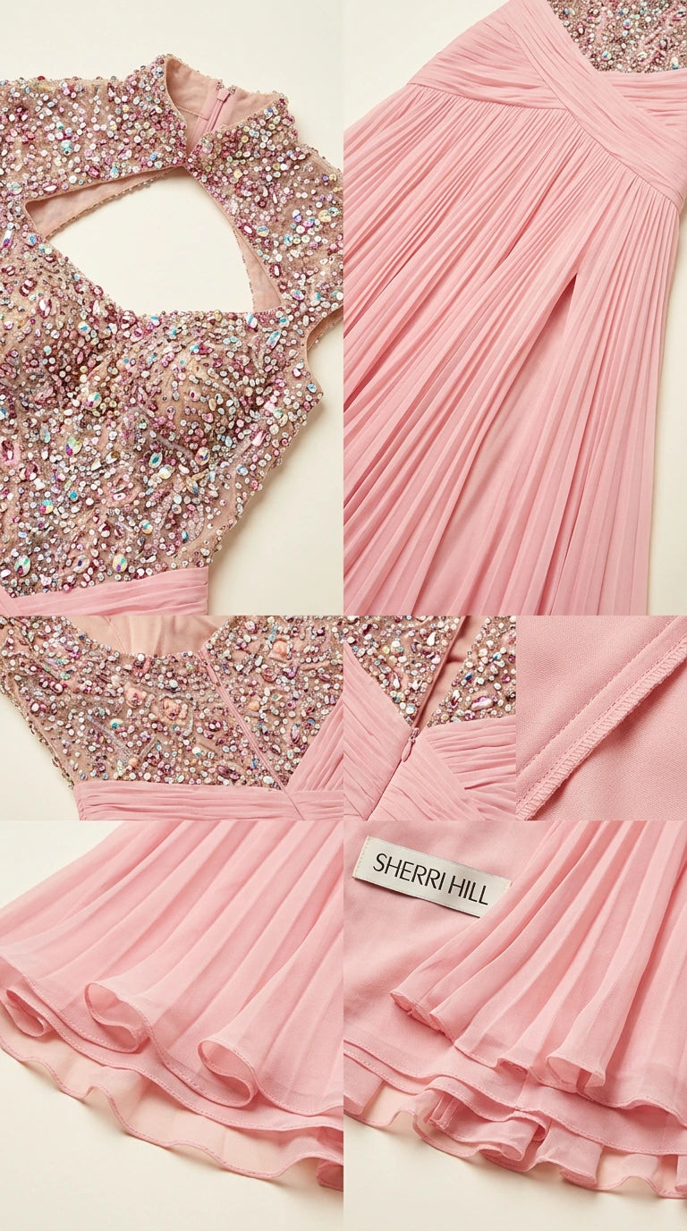 Close-up details of crystal embellishments, pleated skirt texture, and neckline stitching