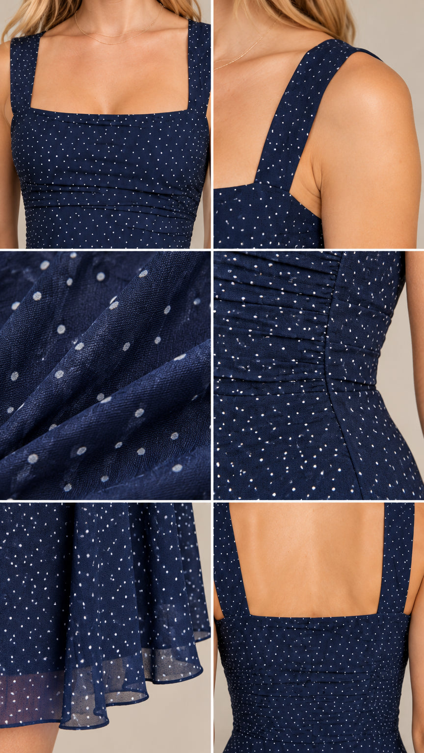 Close-up details of square neckline, ruched bodice, and polka dot fabric