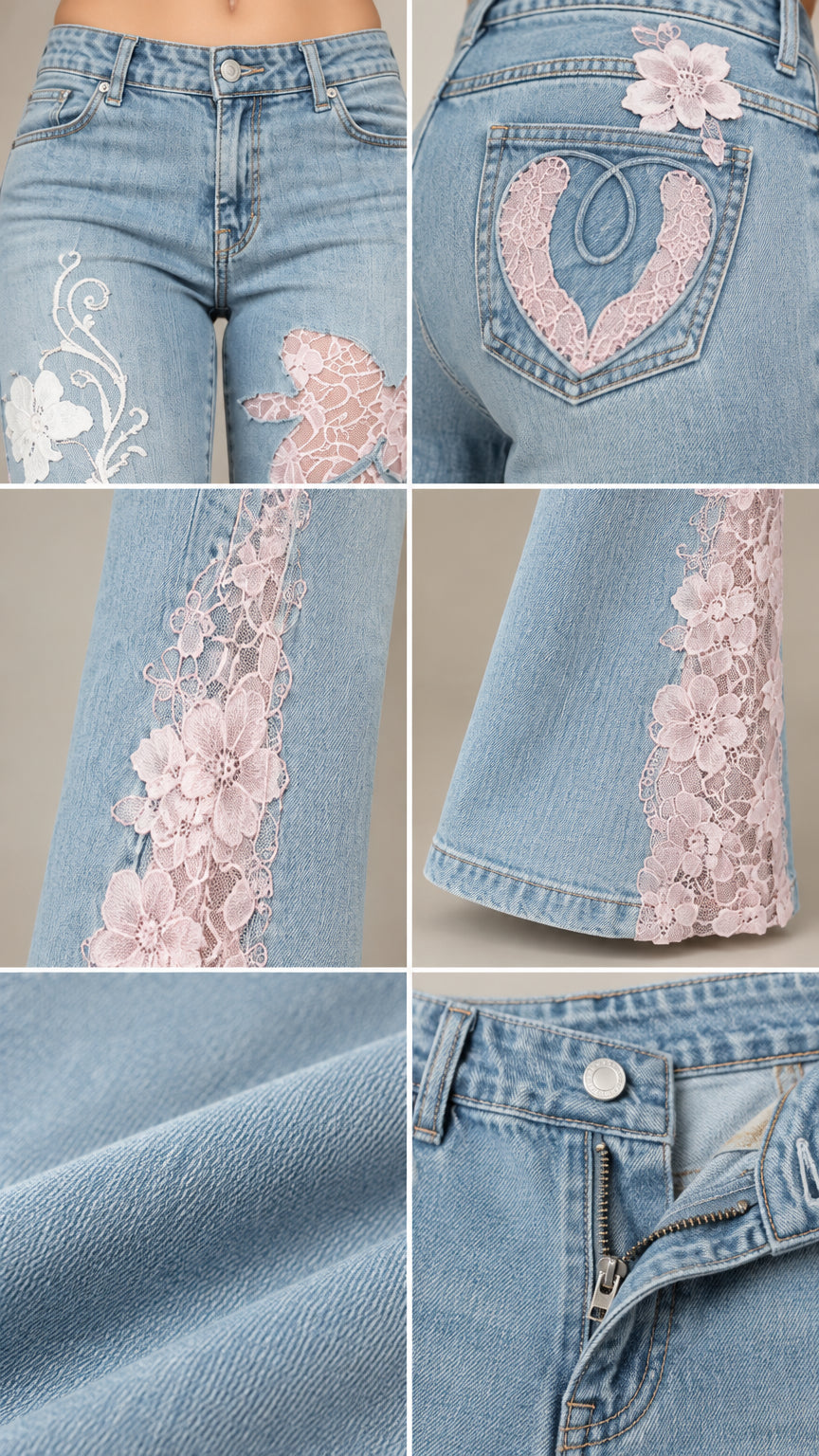 Detailed collage of denim texture, metal zipper fly, and floral lace trim accents