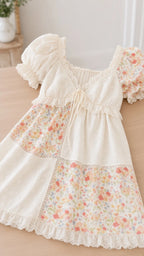 Flat lay close-up of white floral patchwork mini dress showing eyelet trim and tie neckline
