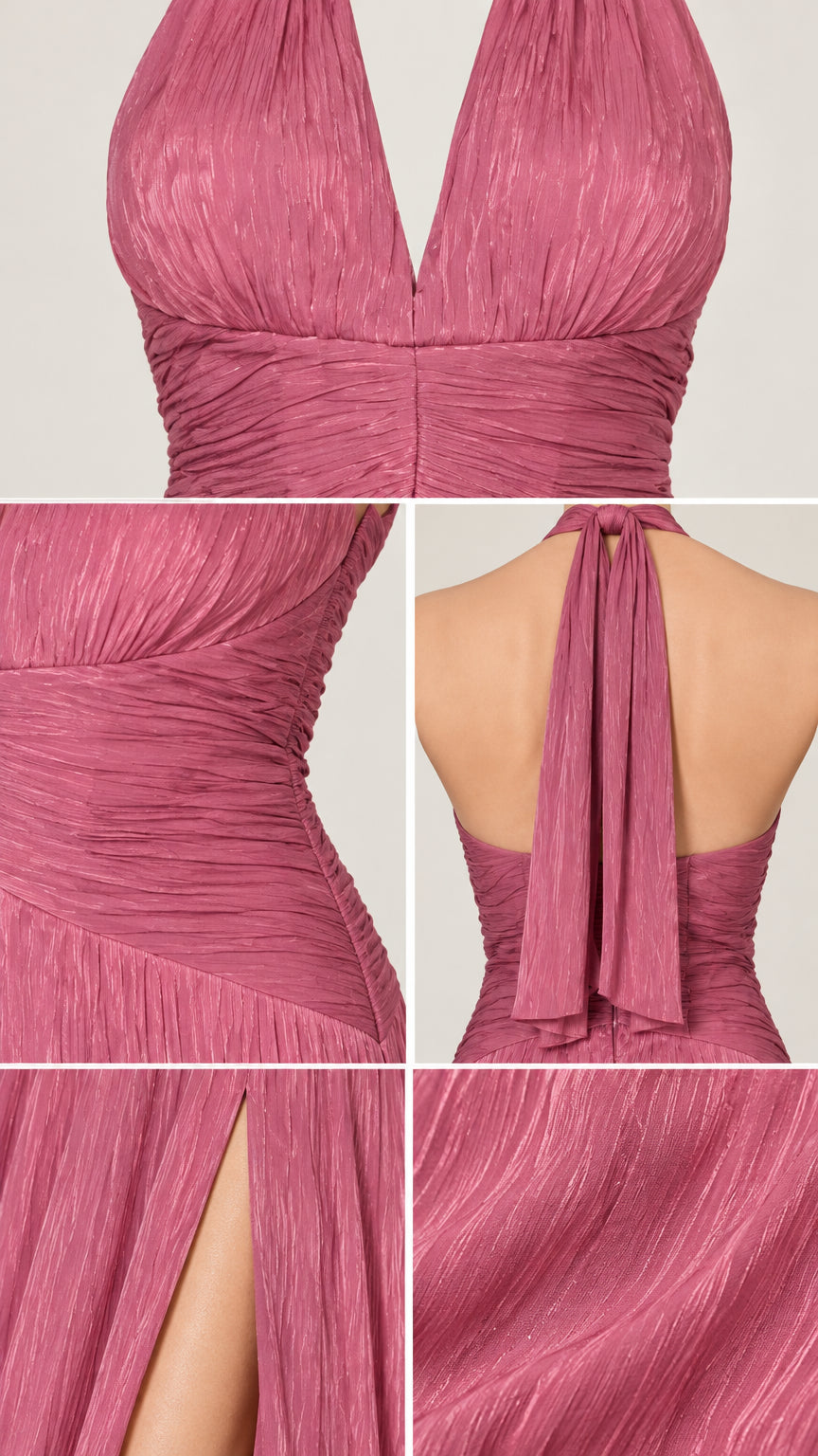 Close-up details of the pleated V-neckline, ruched waistband, back tie, slit, and crinkle fabric texture