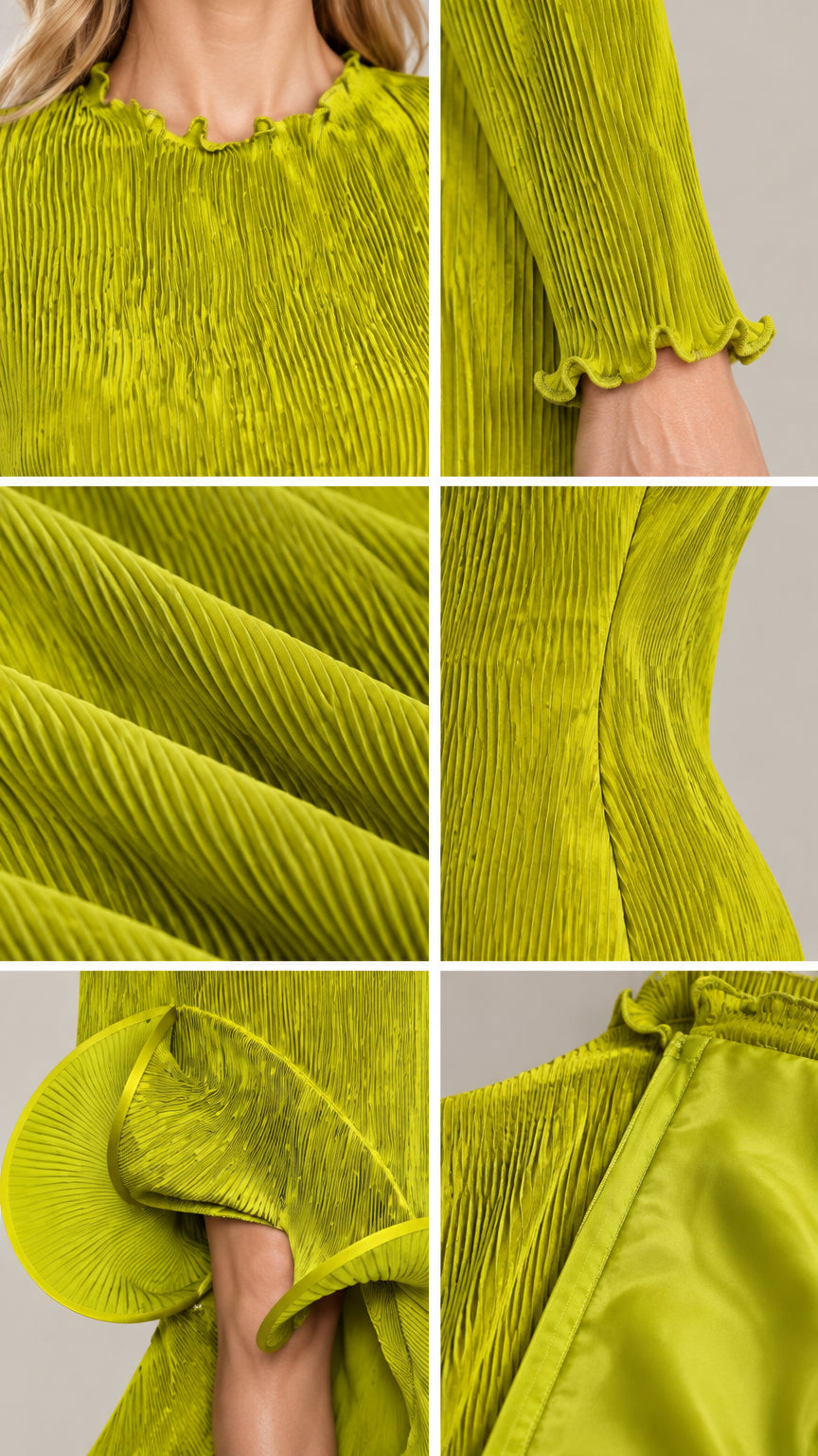 Close-up detail collage showing the pleated fabric texture, neckline ruffle, sleeve cuff, and concealed zipper