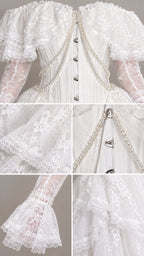 Detailed close-ups of corset bodice clasps, pearl draping, lace ruffles, and flared cuffs