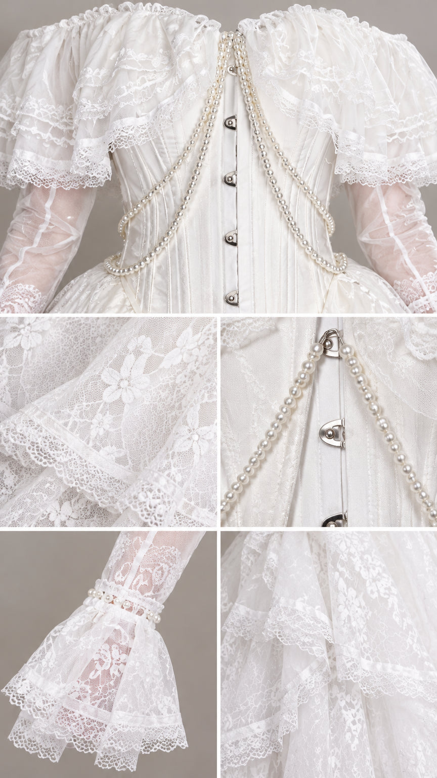 Detailed close-ups of corset bodice clasps, pearl draping, lace ruffles, and flared cuffs