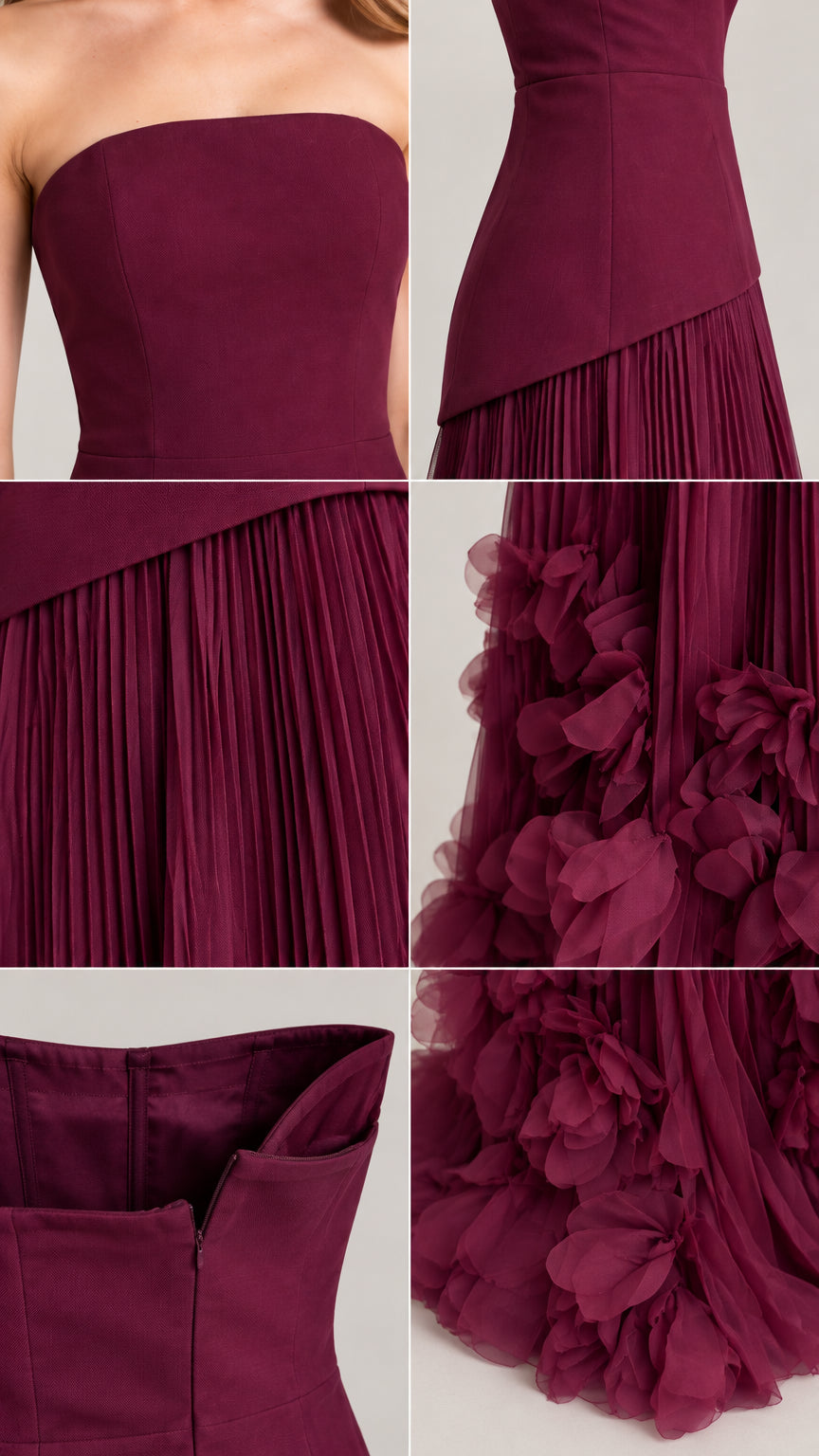 Close-up details of burgundy strapless bodice, pleating, back zipper, and 3D floral petals