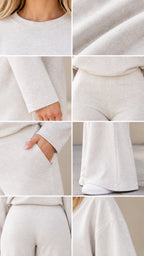 Close up collage of beige textured knit fabric neckline cuffs waist and pocket details