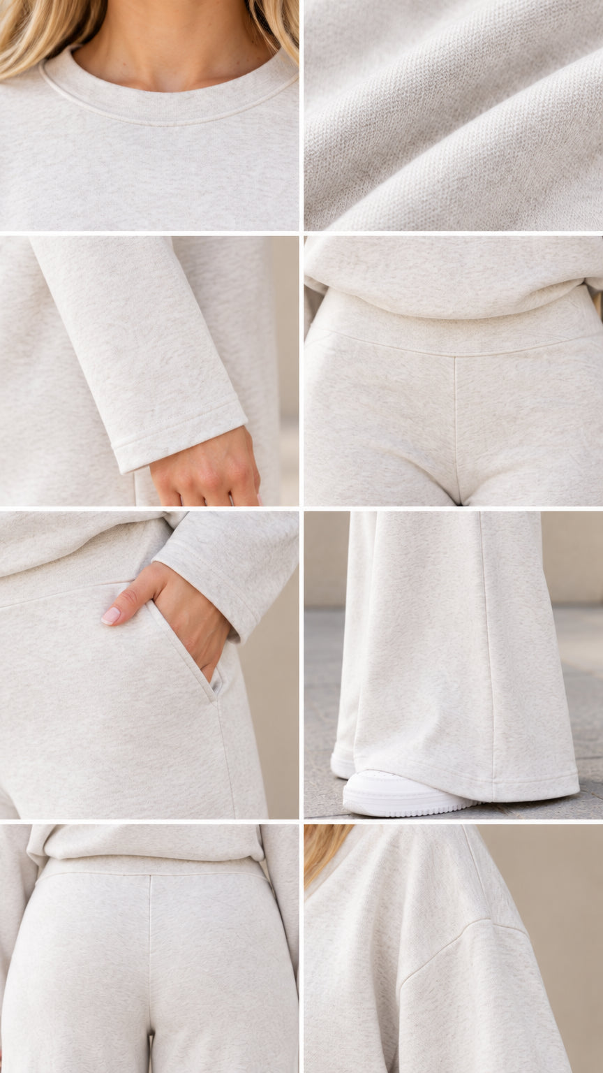 Close up collage of beige textured knit fabric neckline cuffs waist and pocket details