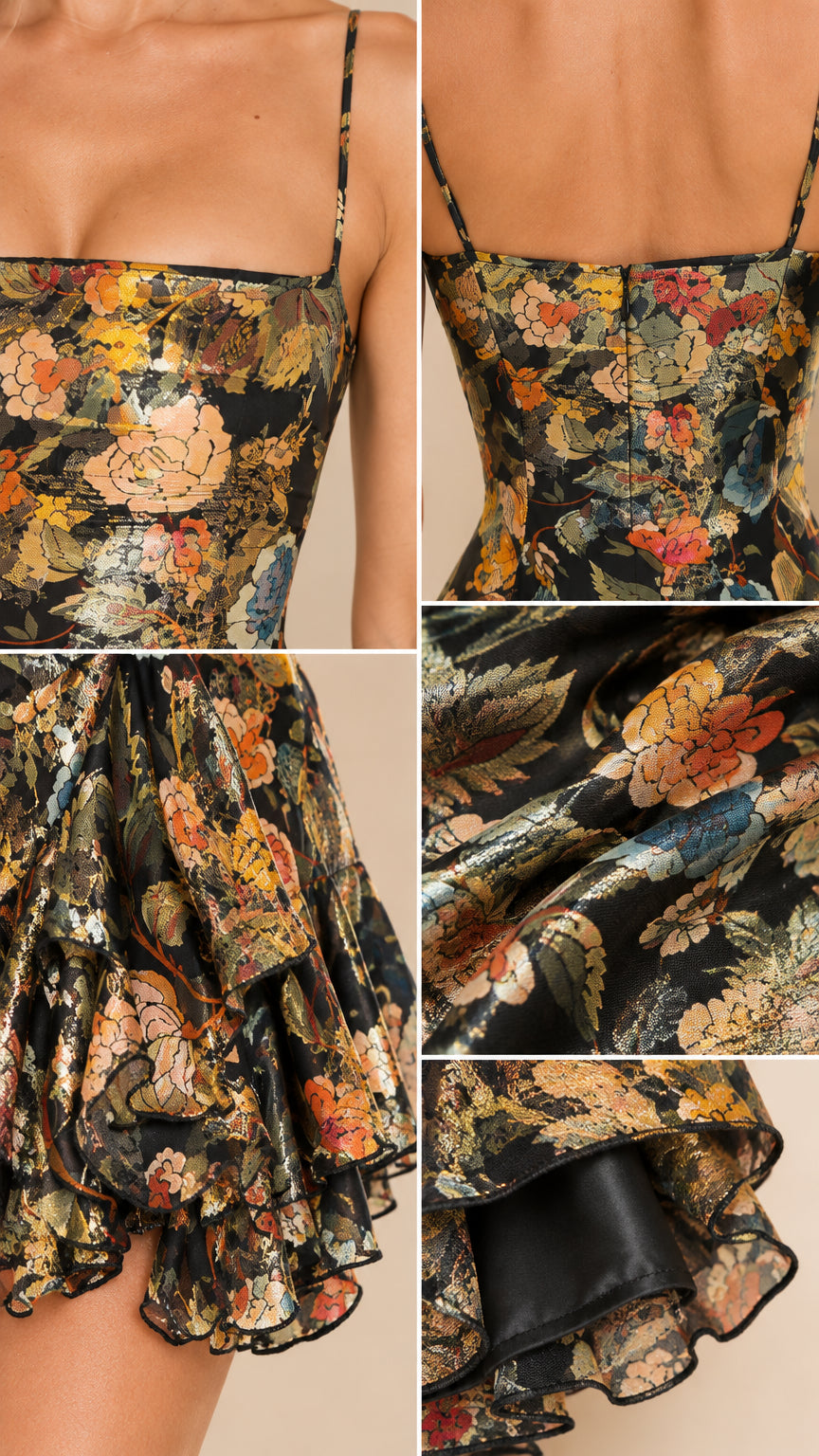 Close-up details of bodice, back zipper, and tiered ruffle hem of floral jacquard mini dress